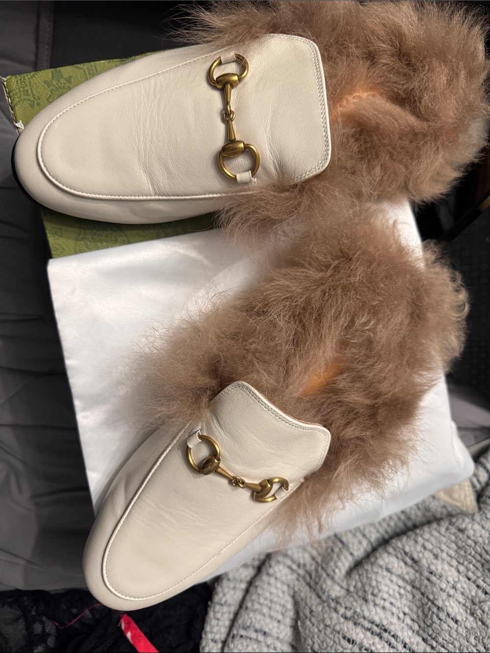 GUCCI PRINCETON Leather Horsebit Mules w/shearling fur.
